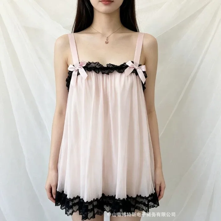 Women's Summer Sweet Fresh Loose Fit Off Shoulder Solid Color Camisole with Lace Bow Non Detachable Strap for Women Clothing
