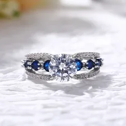 Creative Hollow out Sapphire Blue Zircon Ring for WOMEN'S Luxurious Banquet Engagement Jewelry