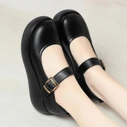 6cm Comfortable Soft Leather Shoes Shallow Ankle Buckle Mary Janes 2025 Spring Med Heels Platform Wedges Shoes for Office Mom