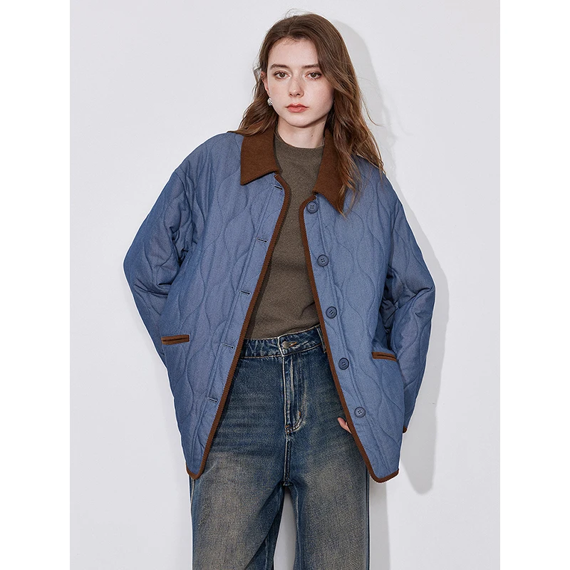 TOYOTUH Women Cotton Jacket Coat 2024 Winter New Contrasting Denim Turn Down Collar Single Breasted Button Lightweight Jacket