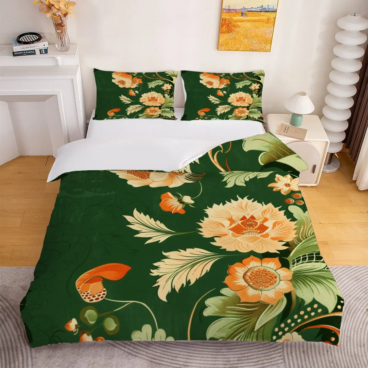 Neroli & Green leaves  Down comforter set large size  Floral pattern on green background  Room decoration bedding set