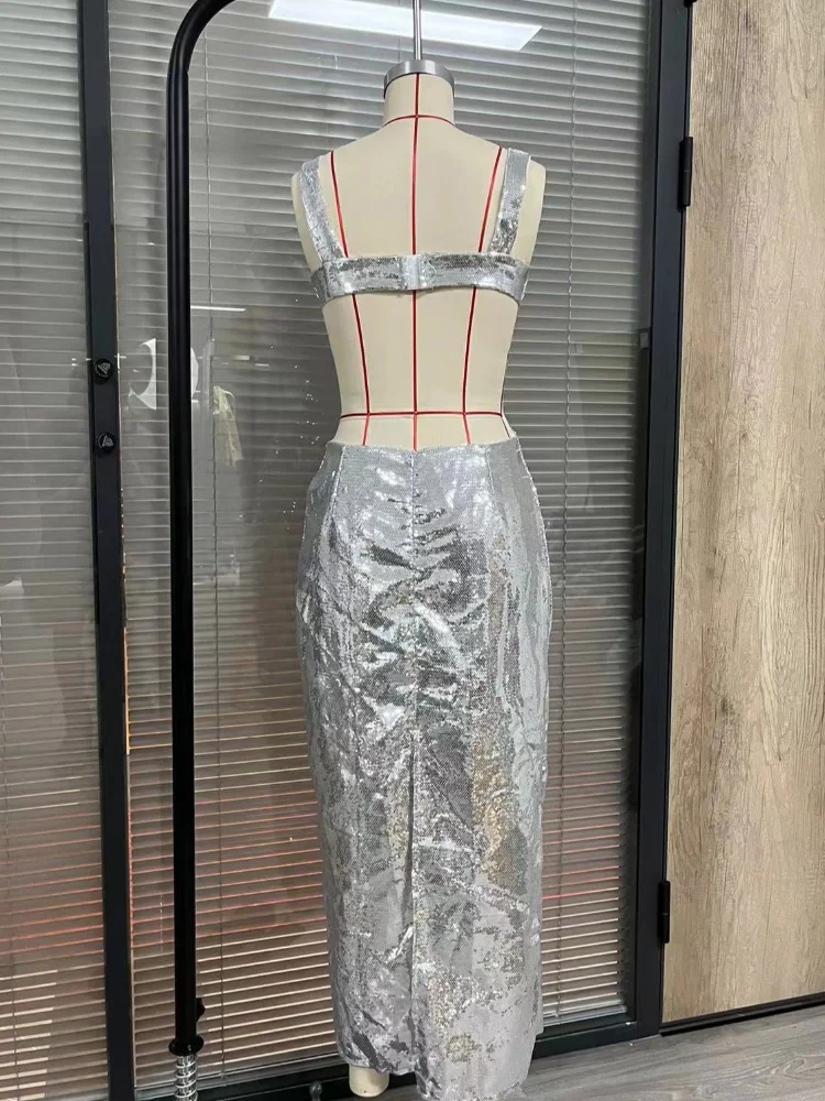 Sukienka cekinowa bodycon na ramiączkach z dekoltem U, bez pleców, bez rękawów, z rozcięciem, błyszcząca sukienka damska na lato 2025, wieczorowa sukienka damska Vestido