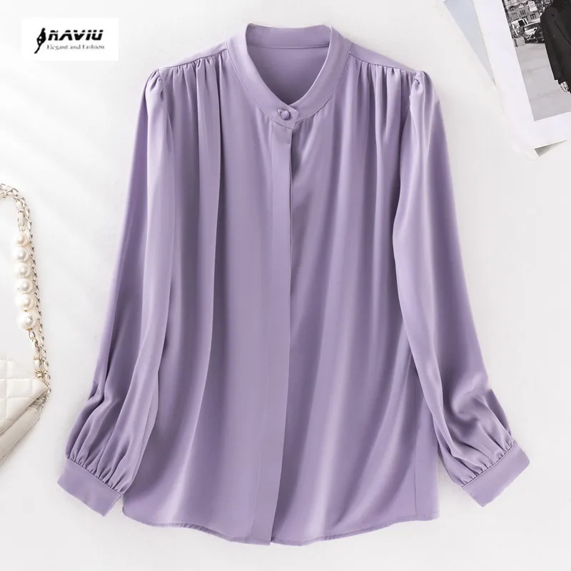 NAVIU 2024 New Spring Elegant Blouse Commuting Simple And Western Style Flip Stand Collar Loose Oversize Design For Women Shirt