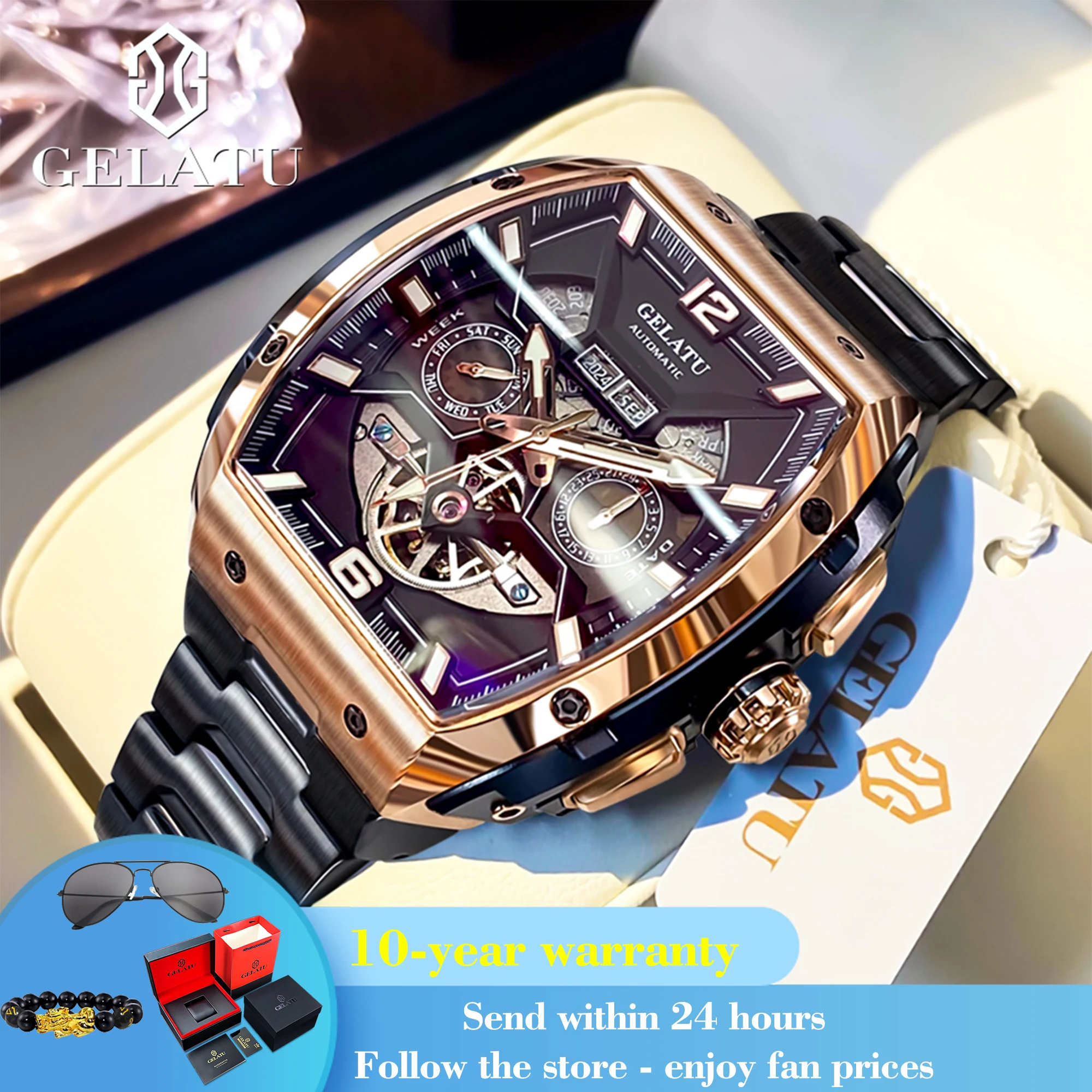 GELATU 6013 Original Mechanical Watch For Men Tonneau Big Dial Luminous Waterproof Wristwatch Week Date Display Hollow Man Watch