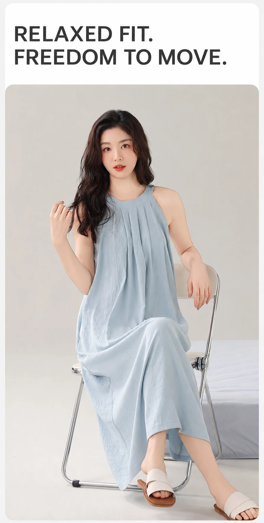 Damen Gepolstertes Ärmelloses Nachthemd mit Eingebautem BH, Herausnehmbaren Polstern, Langes, Weiches Schlafkleid, Sommer-Loungewear, Hauskleid mit Tasche – Detail 10
