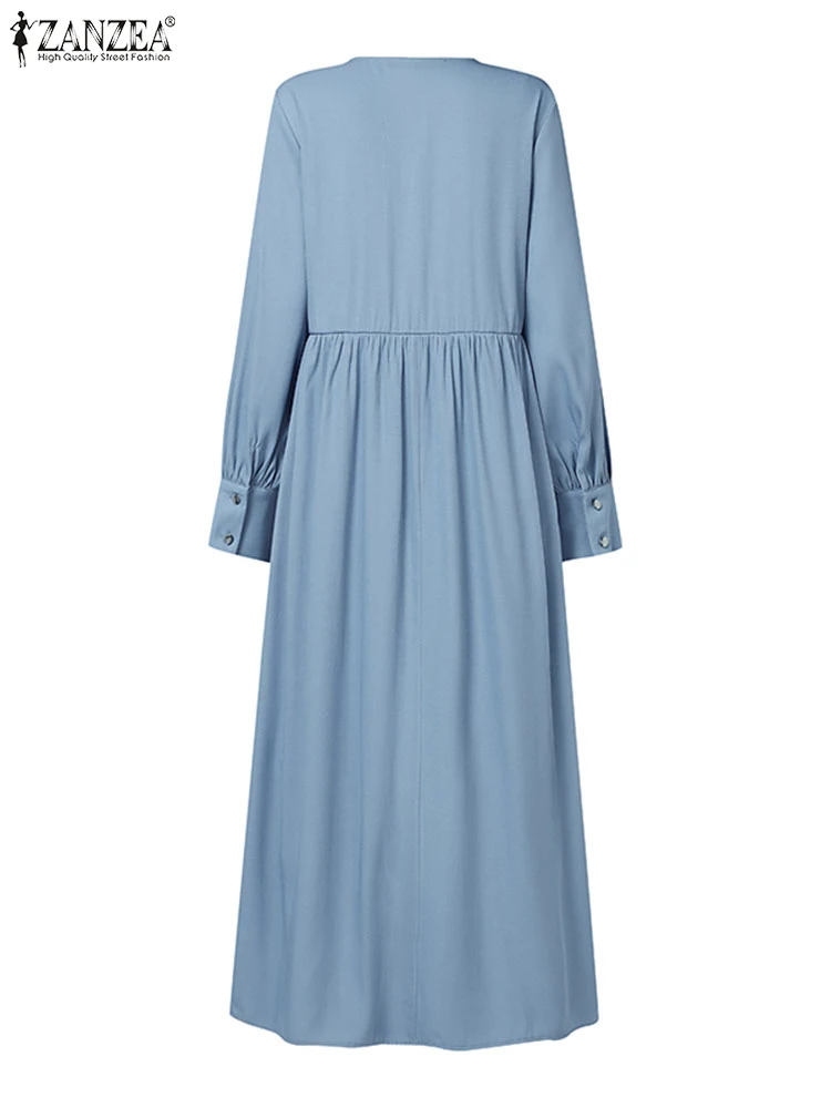 ZANZEA-Robe Maxi Vintage en Denim Bleu pour Femme Musulmane, Caftan Éducatif à Manches sulf, Hijab Islamique Décontracté