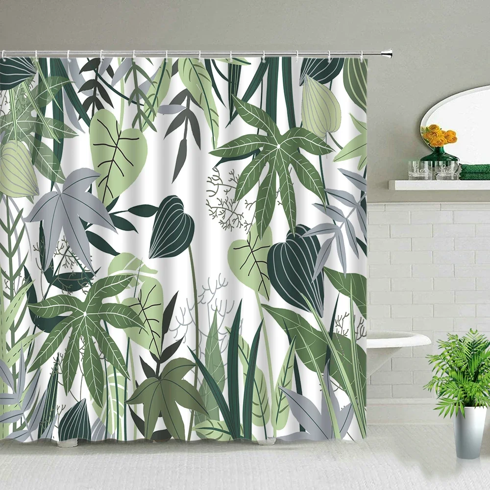 Green Leaves Printing Shower Curtain Tropical Plants Monstera Natural Scenery Bathroom Curtains With Hooks Bathtub Decor Screens