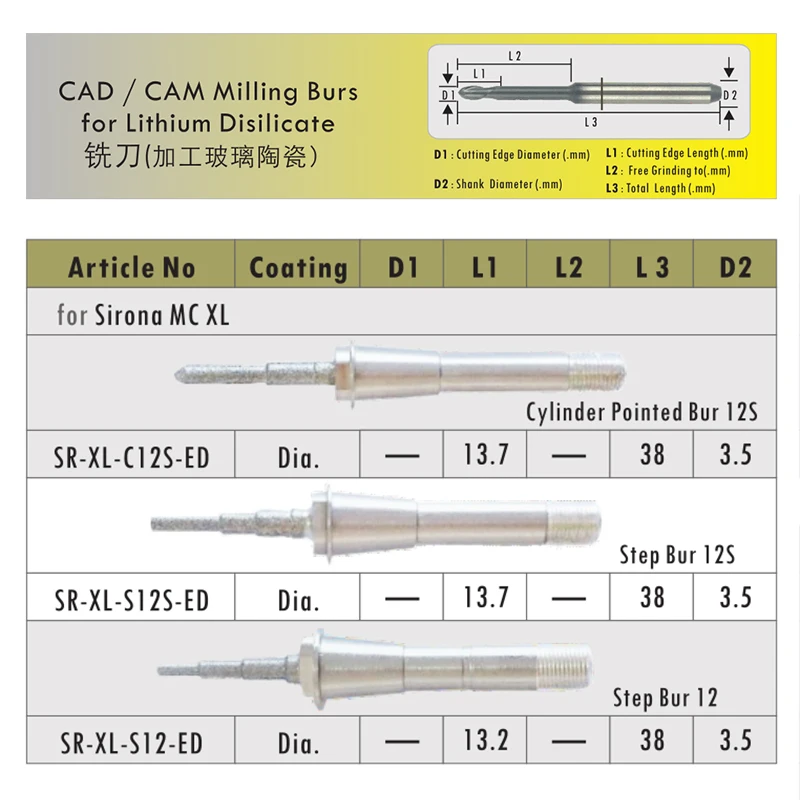 

1Piece CAD/CAM Miling Burs for Lithium Disilicate Sirona MCX5/Sirona MCXL/Sirona CEREC3 System