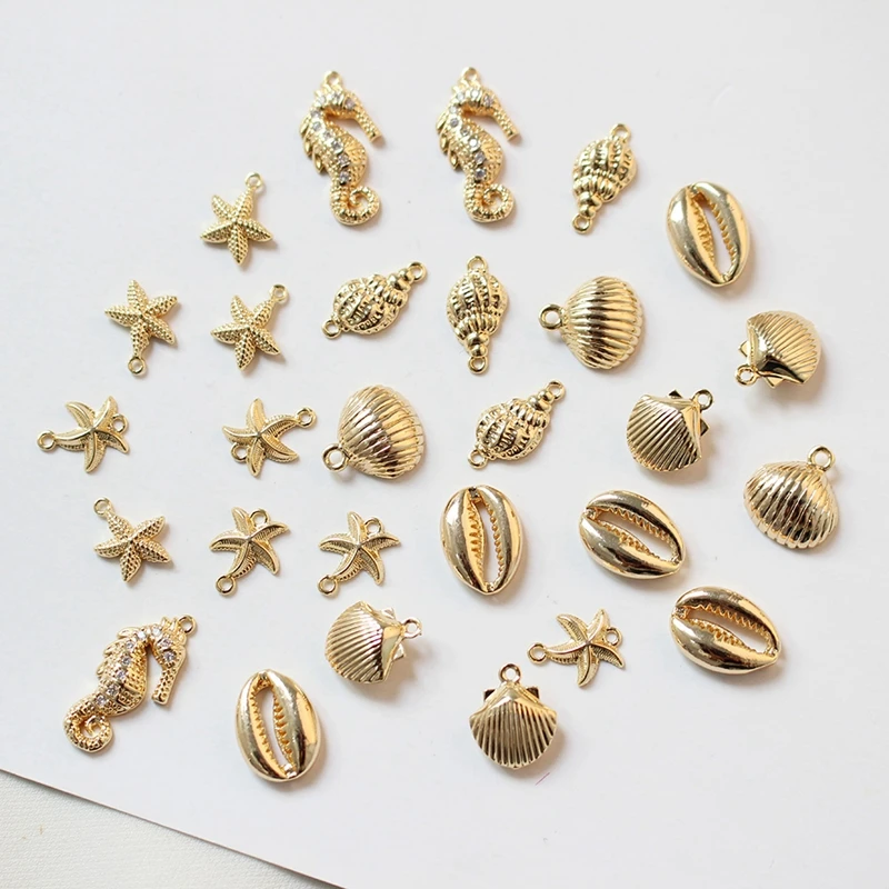 4PCS 18K Real Gold Plated Brass Ocean Series Starfish Seahorse Shell Jewelry DIY Findings Bracelet Material Accessories