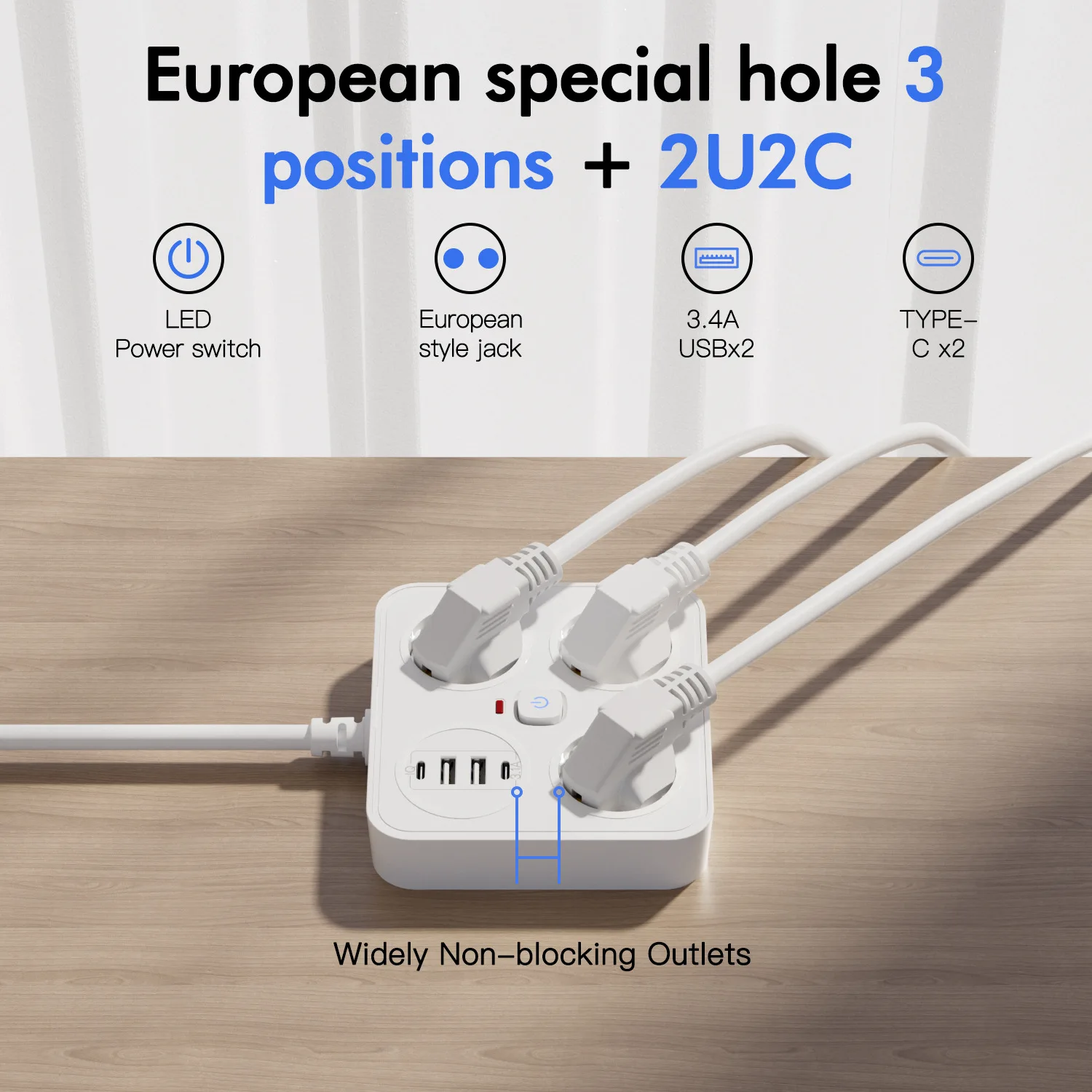 European plug extension cord power strip with 3AC+2USB-A+2USB-C with switch multi-contact socket 13A 250V 3250W surge protector