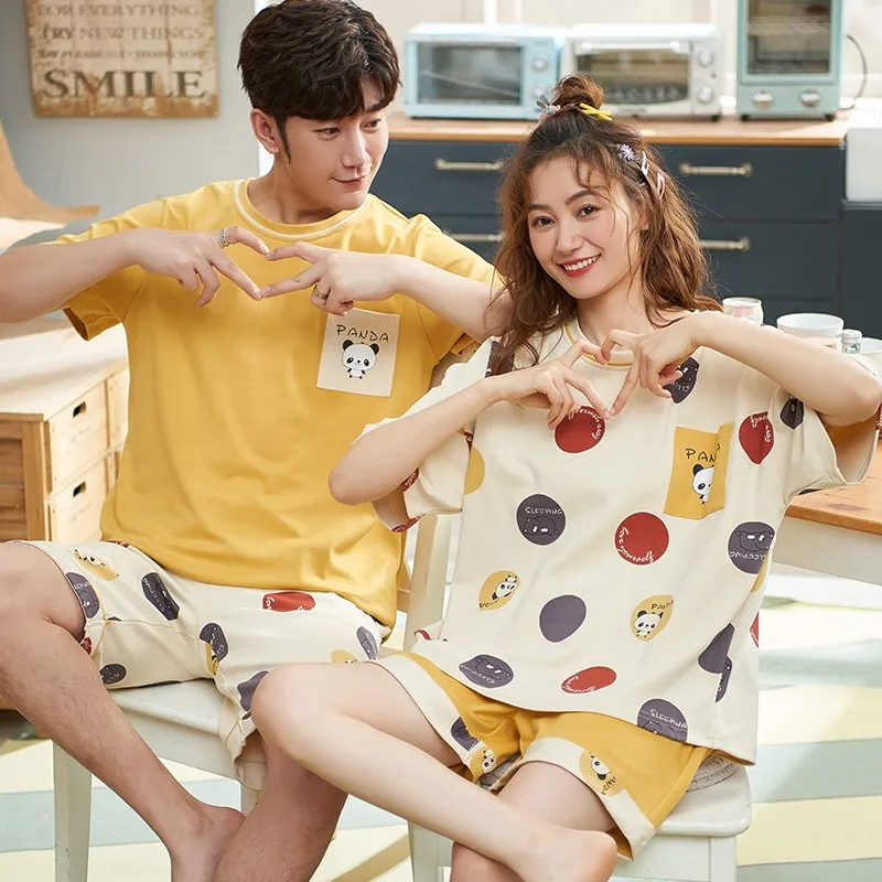 Couple Pajamas Set Summer Knited Cotton Men And Women Short-sleeved Sleepwear Casual Pyjamas