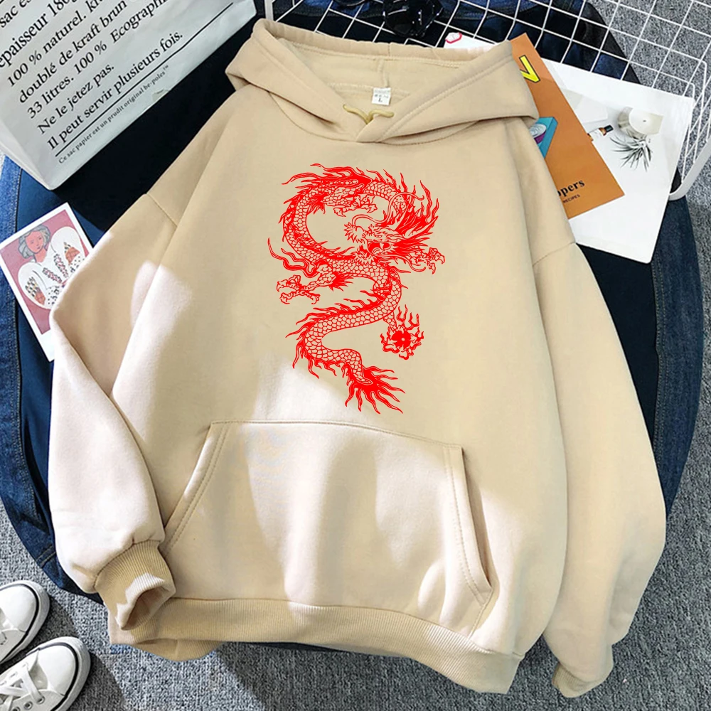 Personality Red Dragon Street Print Women Hoodies Hip Hop Pullover Hoodie New Pocket Loose Hoodies Casual Loose Clothing Female