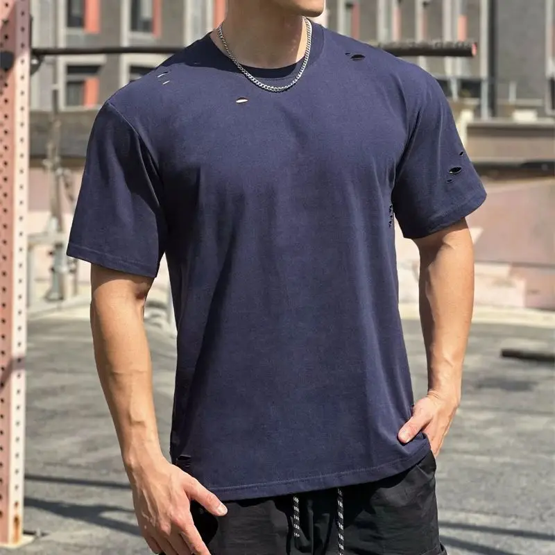 2024 summer new cotton trend men's T-shirt casual round neck short sleeve T-shirt top sports exercise fitness wear