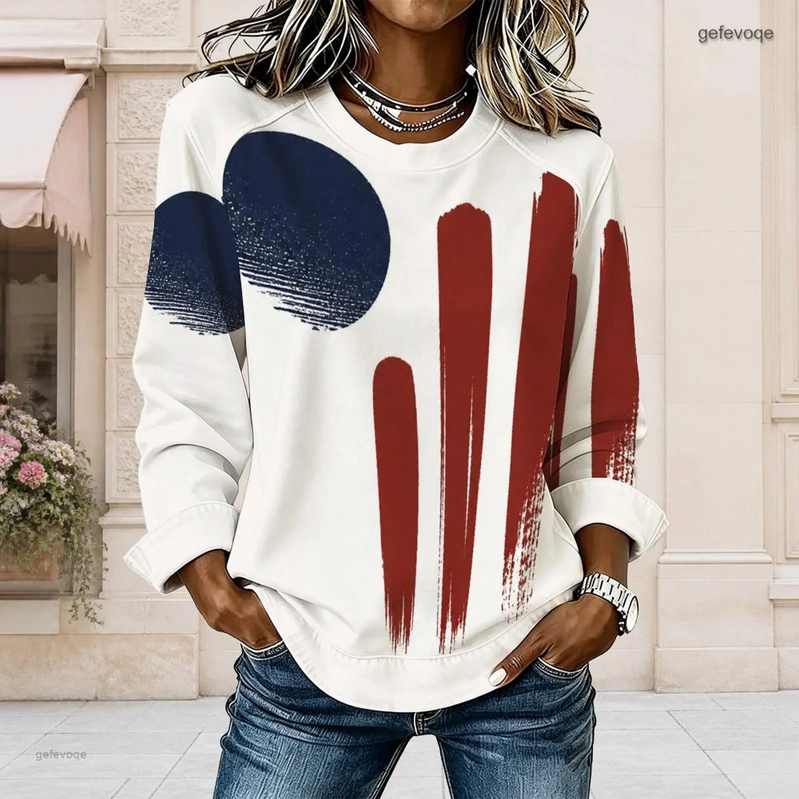 Women Round Neck Long Sleeve Distressed American Flag Printed Top