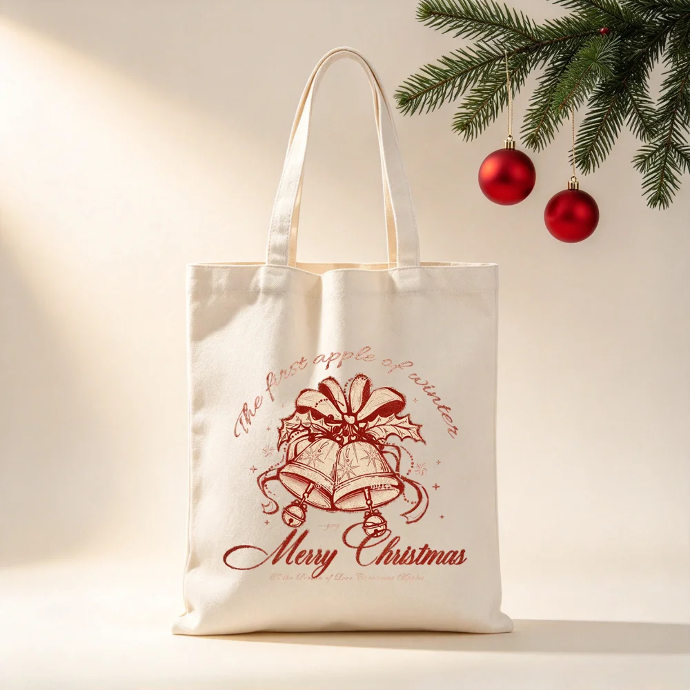 Christmas Canvas Tote Bag, Vintage Xmas Print Shopping Handbag, Eco Friendly Cotton Shoulder Bag, Holiday Gift Bag,Christmas.