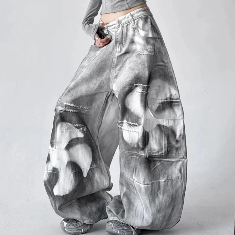 Women Spray Jazz Cargo Pants American Street Vintage Wide Leg Pants Harajuku Y2K Loose Casual High Waisted Lazy Trousers