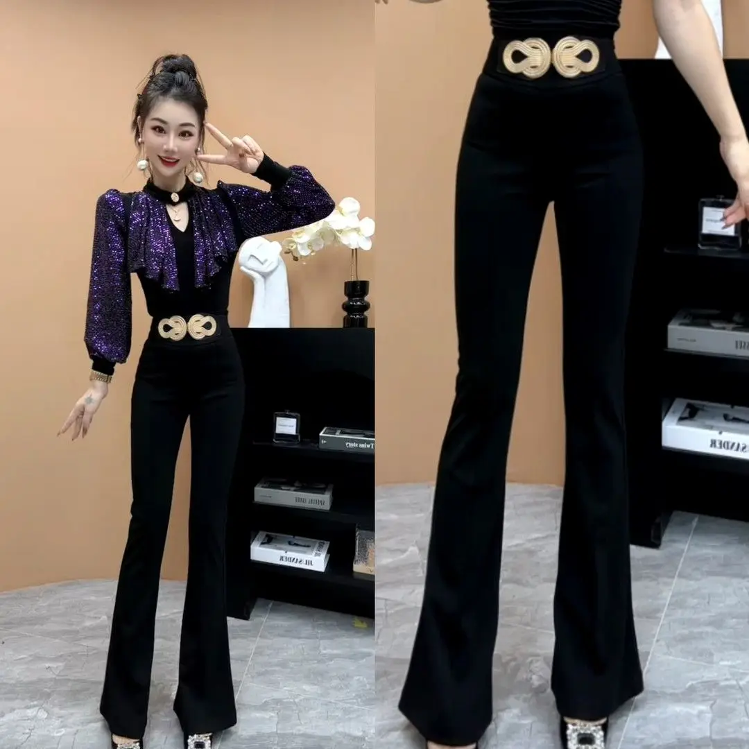 유행 캐주얼 여성 봄과 여름 높은 허리 유행 중국어 매듭 금속 버클 넓은 허리 다목적 플레어 바지