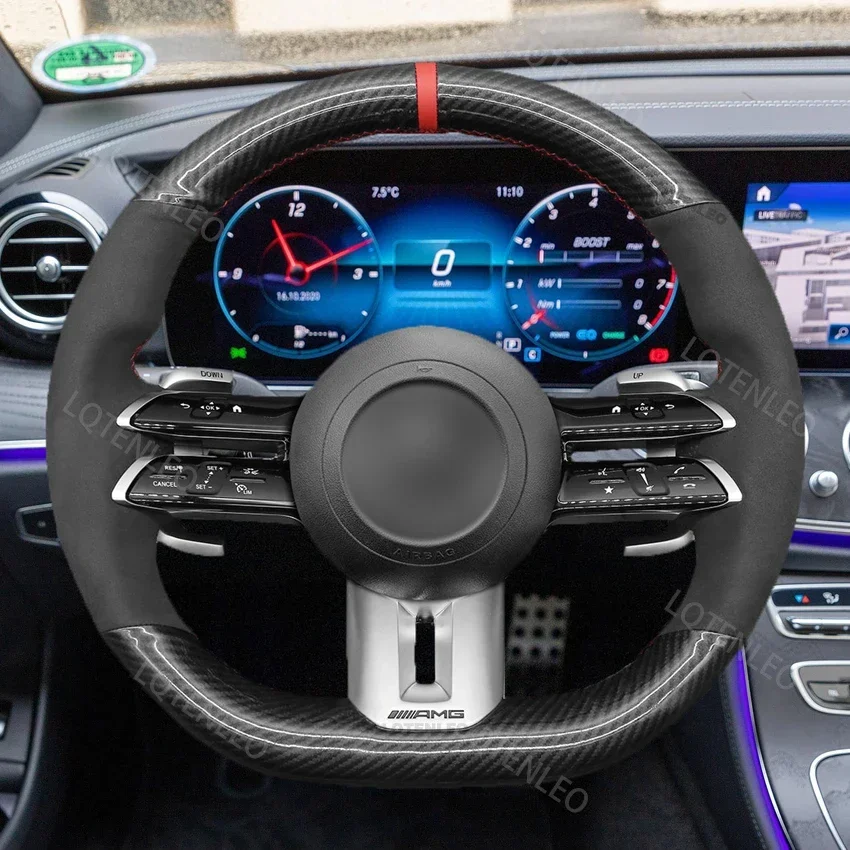 Black Artificial Carbon Suede Car Steering Wheel Cover for Mercedes Benz C-Class W206 E-Class EOS EQE W213 AMG GT 2021-2023