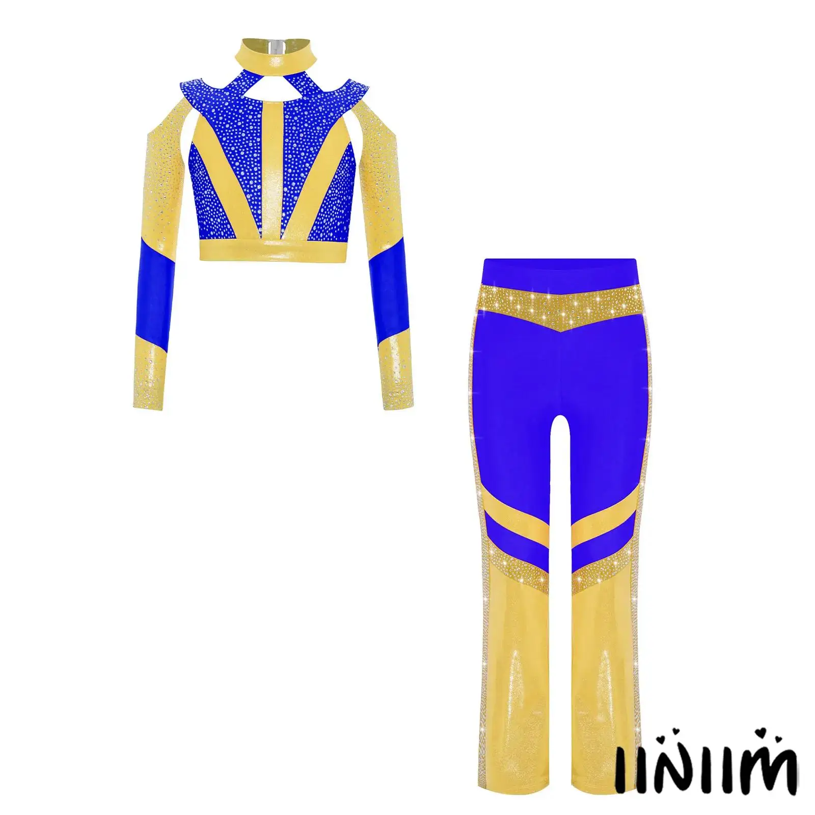 

‌Trendy Kids Girls Figure Skating Dance Costume Set Glitter Rhinestone Top with Flared Leggings for Gymnastics Stage Shows