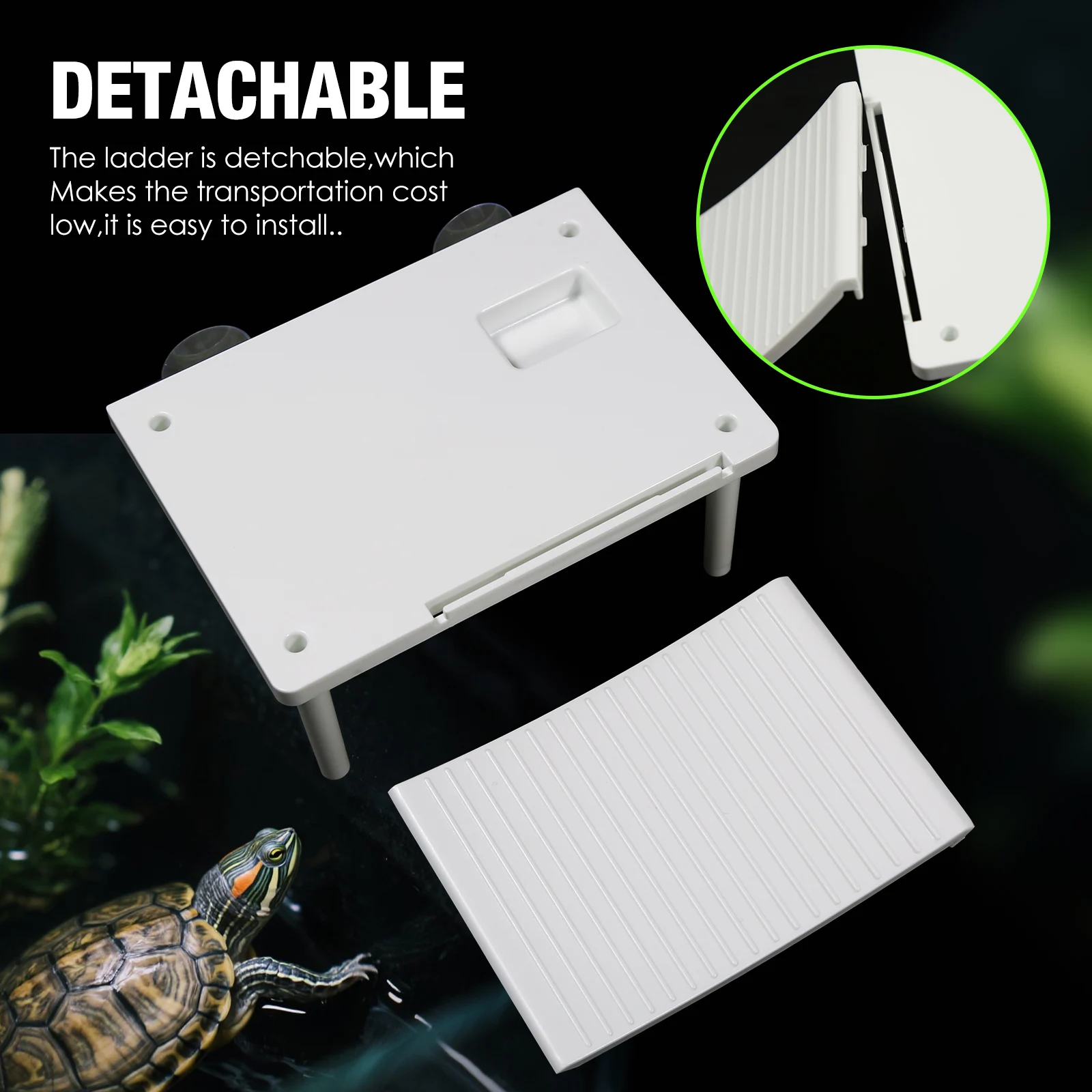 Turtle Sunbathing Platform Floating Island, with Climbing Slope and Food Bowl, Assembled with Suction Cup, Green and White