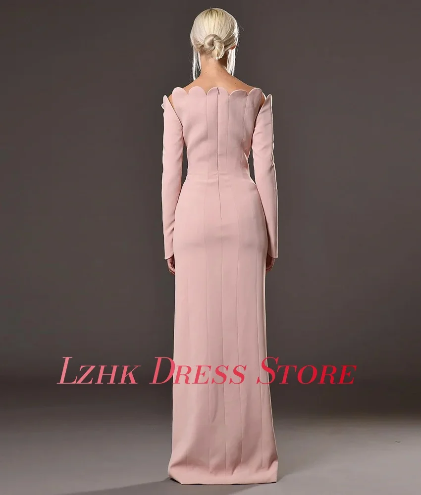 Abito da sera dritto con spalle scoperte in jersey con temperamento personalizzato Abiti da cerimonia su misura con maniche lunghe e scollo a barca di alta qualità