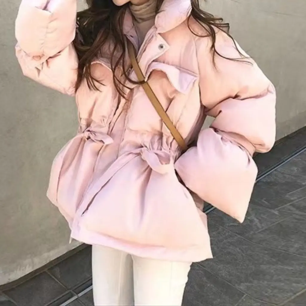 

Black Cotton Outwear for Small Women Stand-Up Collar Medium-Length Cute Drawstring Waist Bell Sleeves Thickeneded