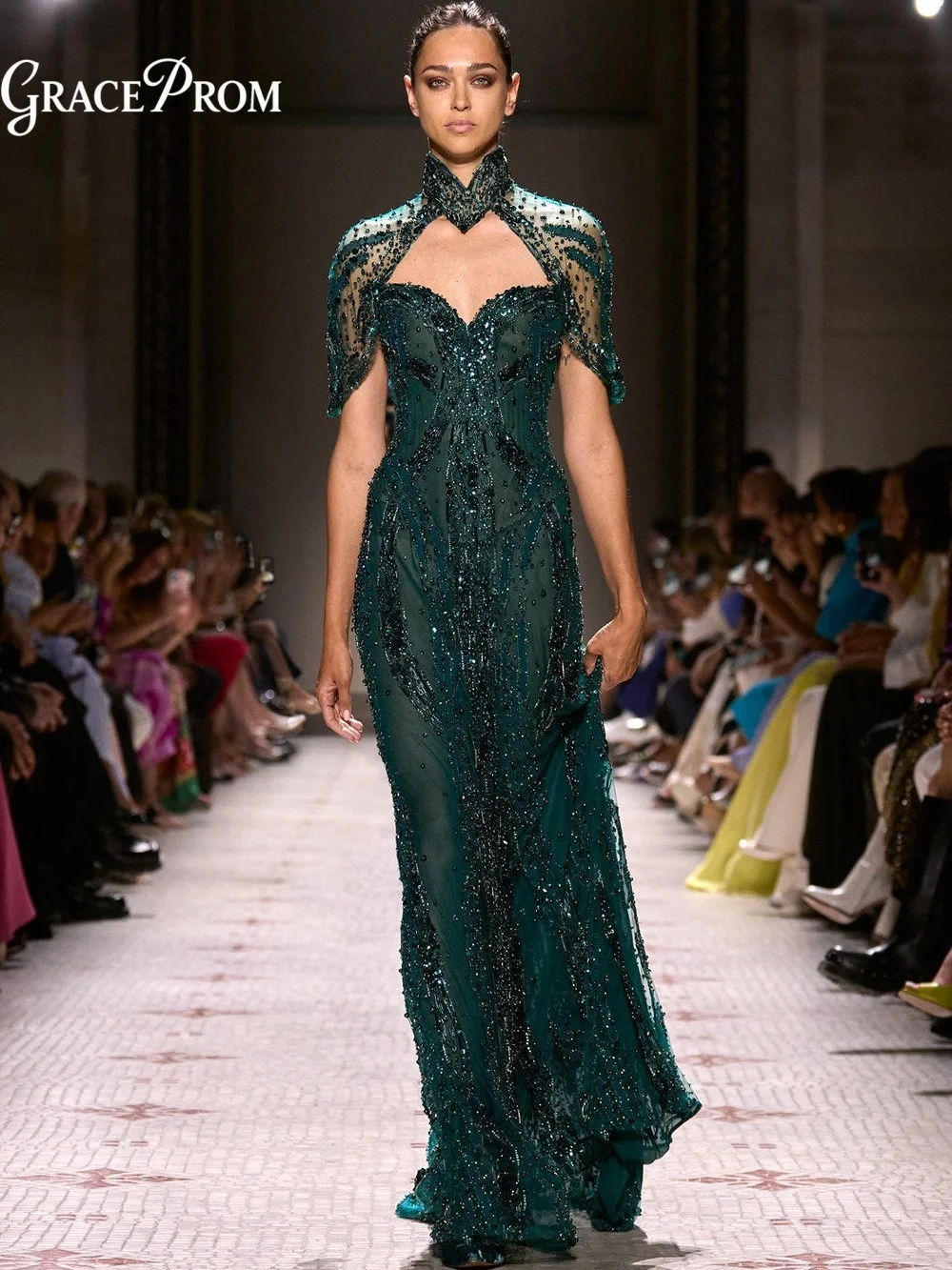 Elegant High Neck Cape Shoulder Keyhole Evening Gown 2027 Dark Green Beaded Sequin Formal Party Dress Wedding Guests فساتين سهرة