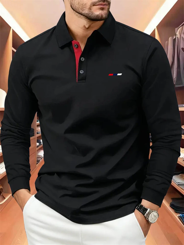 Men's Autumn Long-Sleeve Polo Shirt Minimalist Solid-Color Button-Collar Design Loose Comfortable Business-Casual Athletic Top