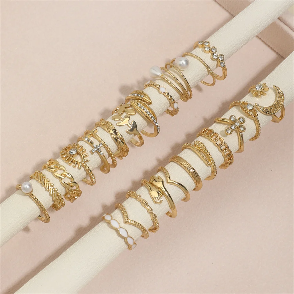 23Pcs/Set Faux Pearl Cross Eye Moon Star Hug Leaf Snake Chain-Shaped Metal Multi-Element Rhinestone Ring For Women Birthday Gift image 3