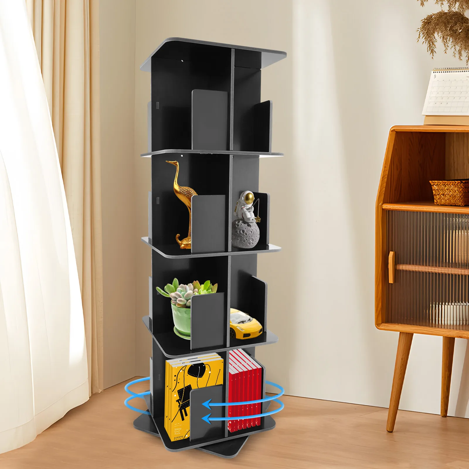 

4-Tier Standing Bookcase – 360° Rotation Space-Saving Waterproof PVC 16 Sections Quiet Fits living Rooms/Kids' Rooms