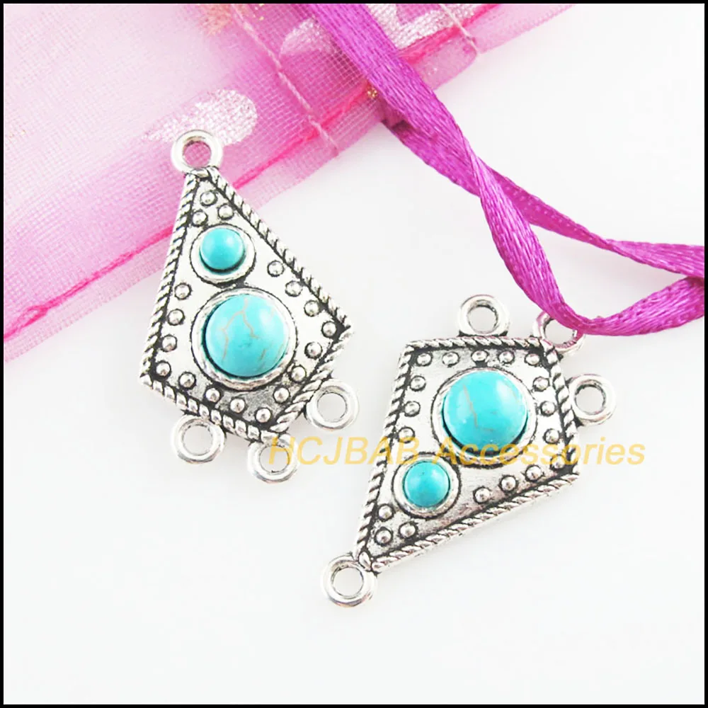 Fashion 10Pcs Retro Tibetan Silver Tone Flower Shield Blue&Red Stone Charms Connectors 17x29.5mm