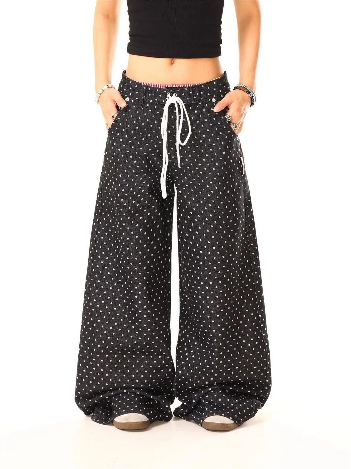 Jean noir personnalisé imprimé rétro à pois pour femmes, pantalon en Denim à jambes larges, Style Hip-hop, taille haute, pantalon de rue