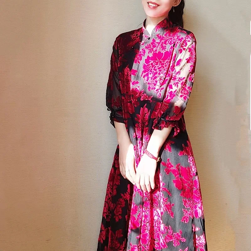 

Summer New Velvet Retro Midi Dr 8-Sve Maxi Skirt Daily Large Swing Dr Ele Chinese Sle Women's Dr