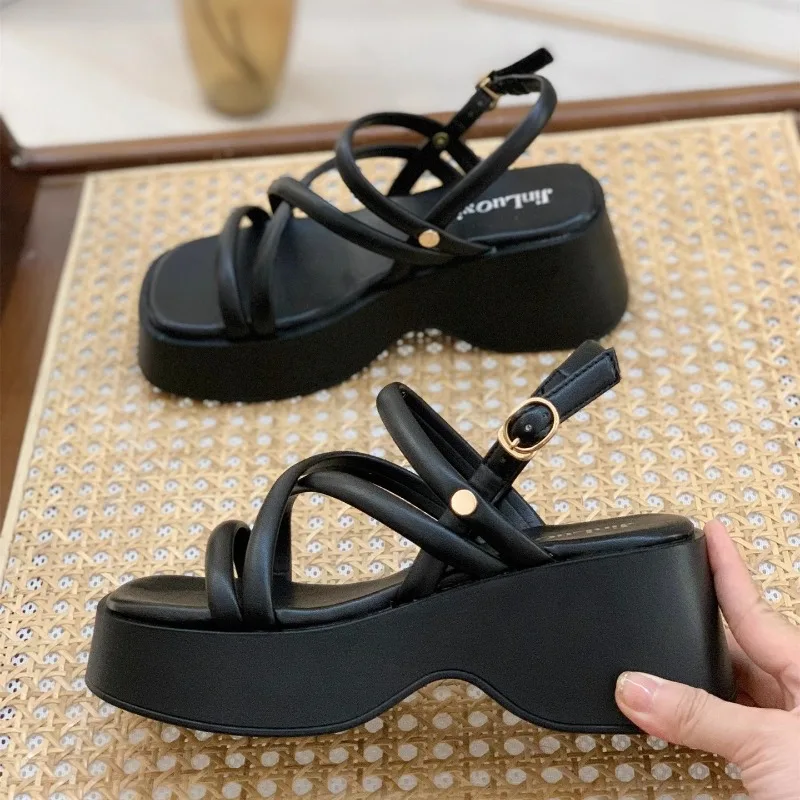 Moda cruz cinta sandálias de plataforma para mulheres verão fundo grosso sapatos gladiador mulher casual antiderrapante cunha sandalias