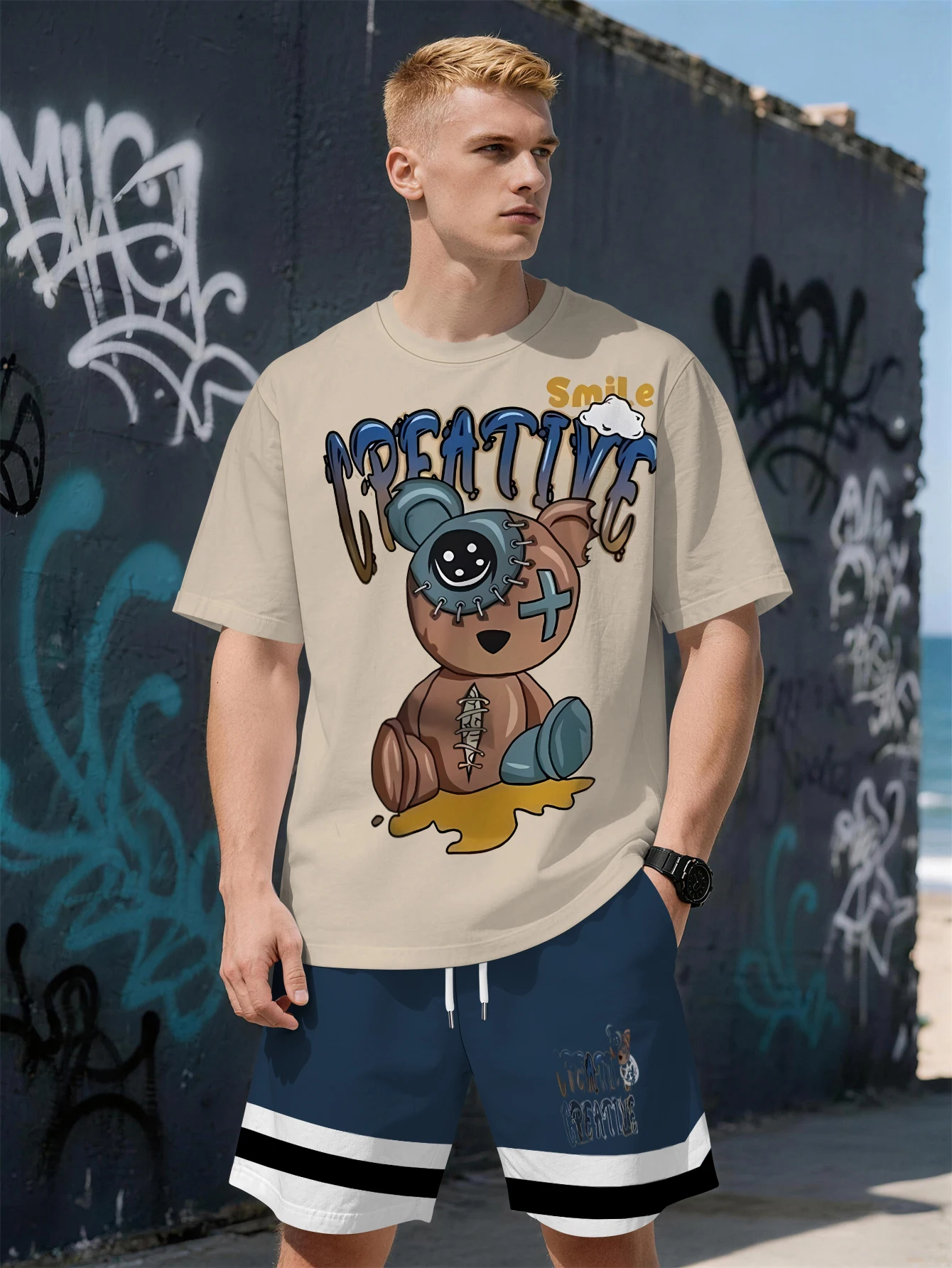 

2026 Summer New Men's Short-Sleeved Set with 3D Bear Pattern Print Street Casual Fashion Comfortable and Soft
