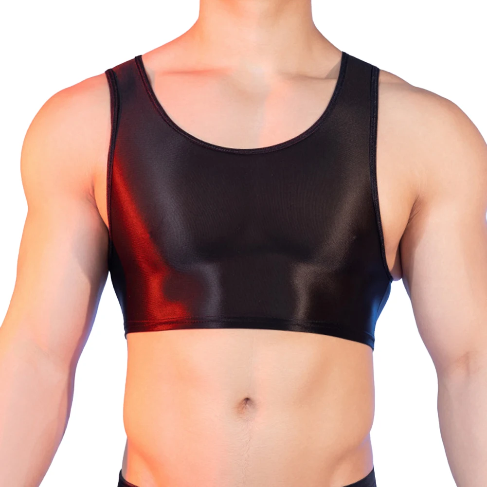 

Mens Sports Bra Vest Shiny Silky Singlet Top U Neck Tank Tops Sheer Stretch Yoga Fitness Muscle Oil Glossy Crop Tops Sleeveless