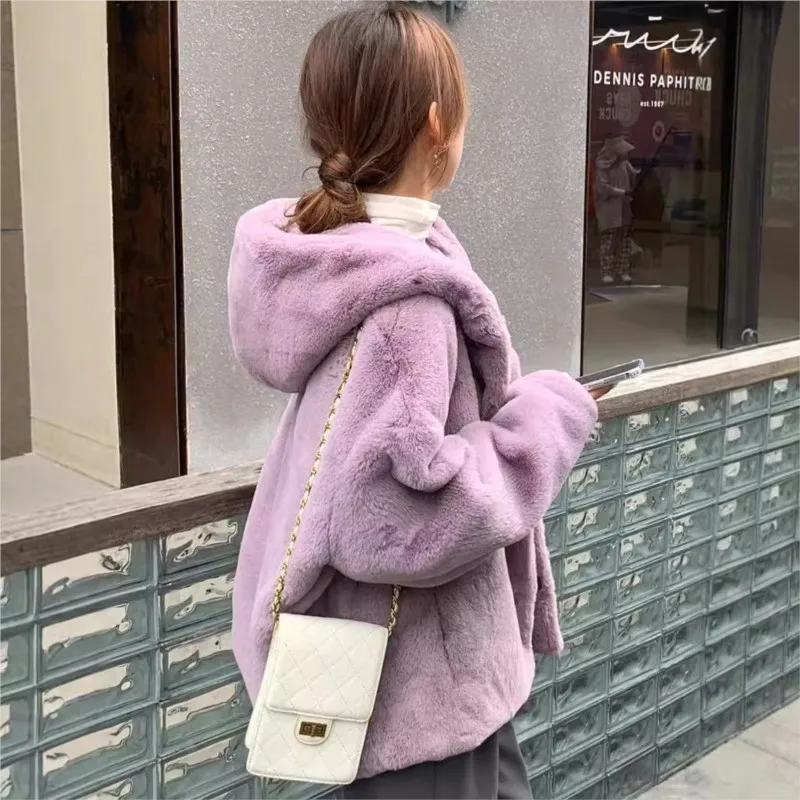 A new style of mixed fur warm coat loose and thick top fashionable hooded women's clothing