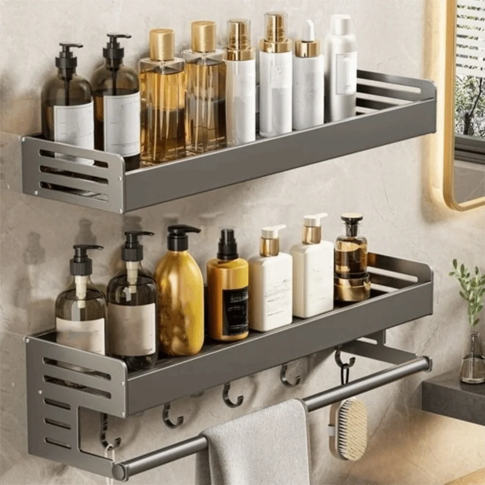 30/40CM Kitchen Storage Rack Space Saving with Hook Bathroom Rack Utensil Rack Aluminium Wall Mounted Rack Spice Storage