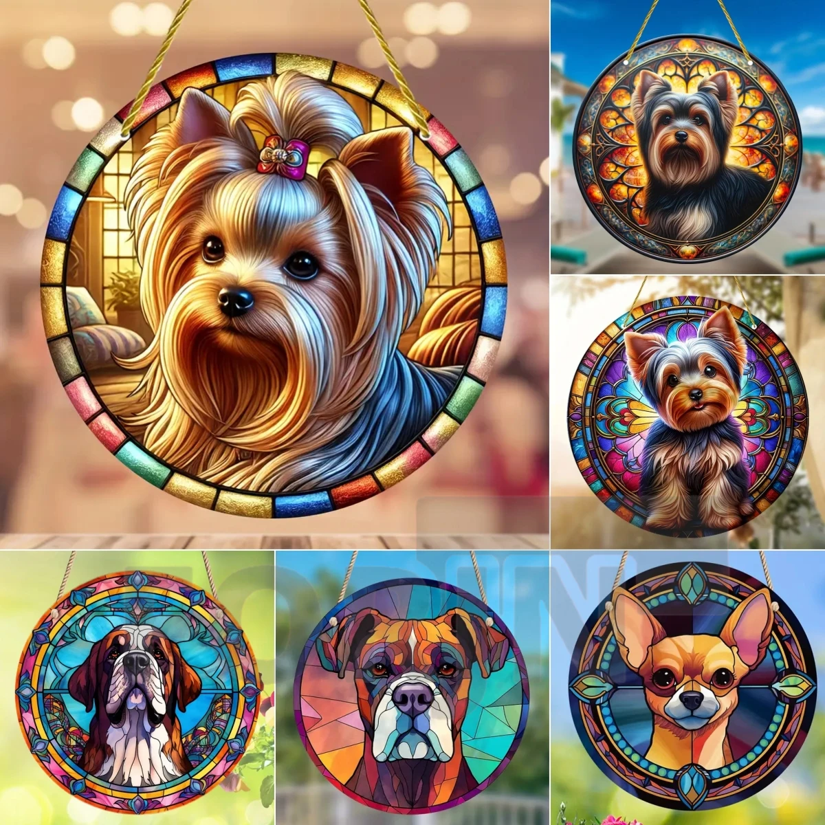 Schnauzer Bulldogge Chihuahua Sonnenfänger, runde durchscheinende Hängeornamente aus Acryl, Geschenk für Hundeliebhaber, Haustür, Hof, Bauernhof-Dekoration