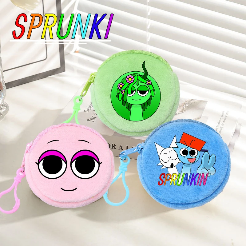 Porte-monnaie rond Sprunki, mignon, motif dessin animé, durable, petit sac, mini sac rond, cadeau d'anniversaire, fermeture éclair souple, rangement d'argent, à suspendre au sac à dos