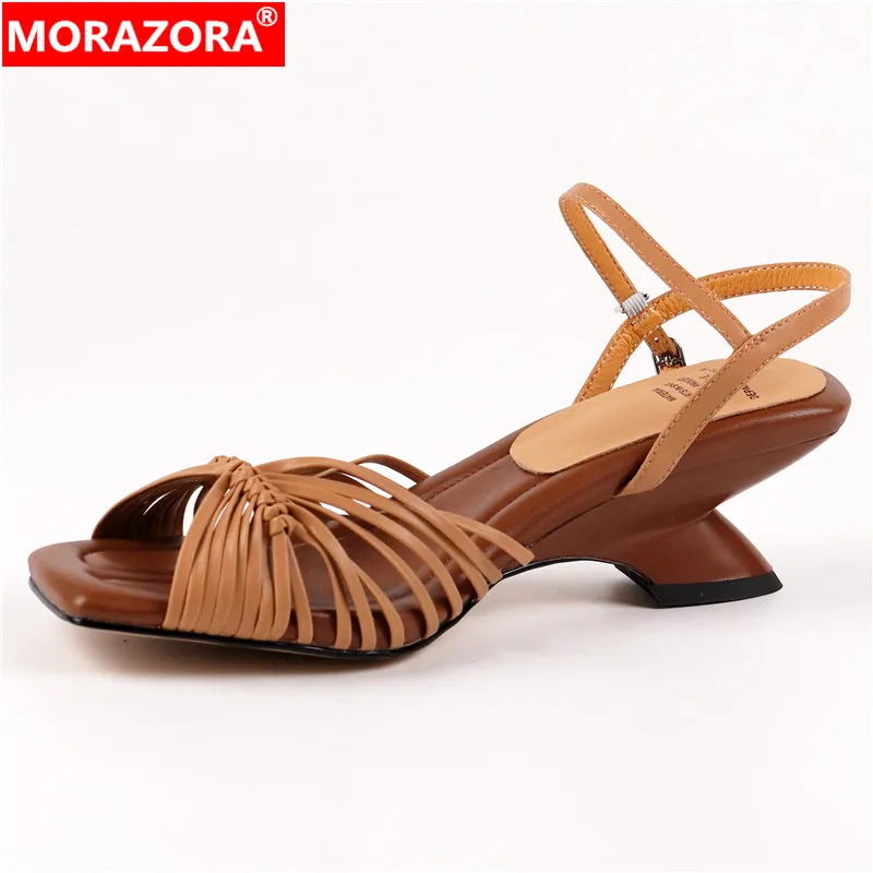 MORAZORA 2024 New Women Sandals High Quality Strange High Heels Summer Shoes PU+Leather Party Dress Shoes