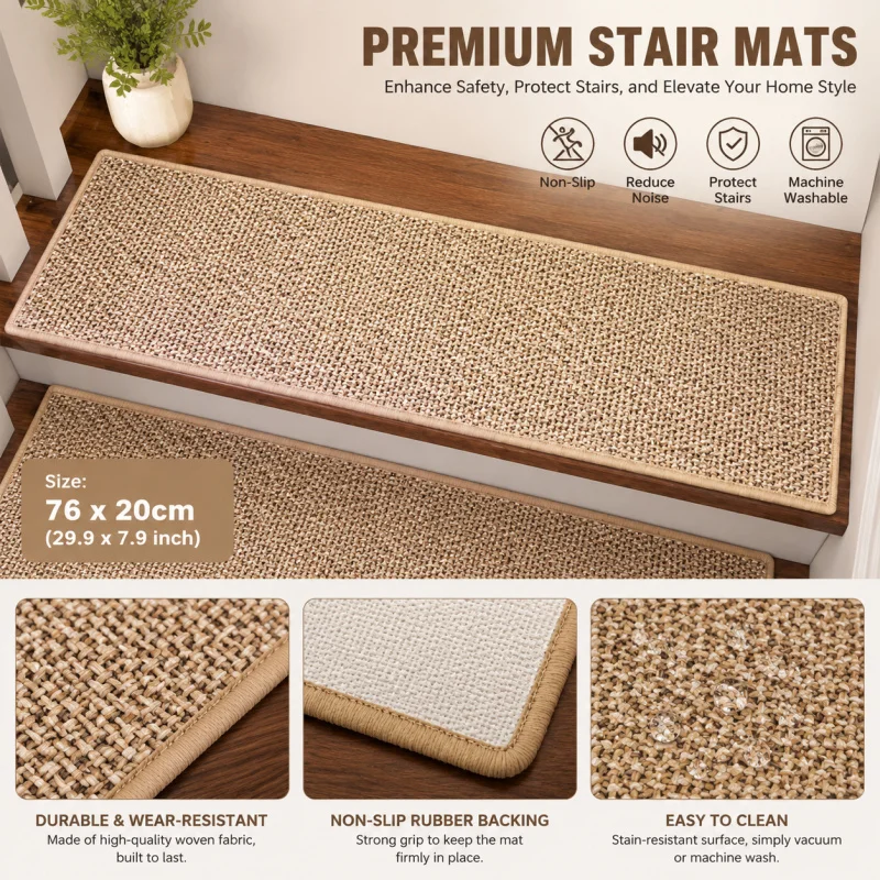 Self Adhesive Non Slip Stair Treads Linen Print Step Mats Rubber Back Stair Carpet for Home