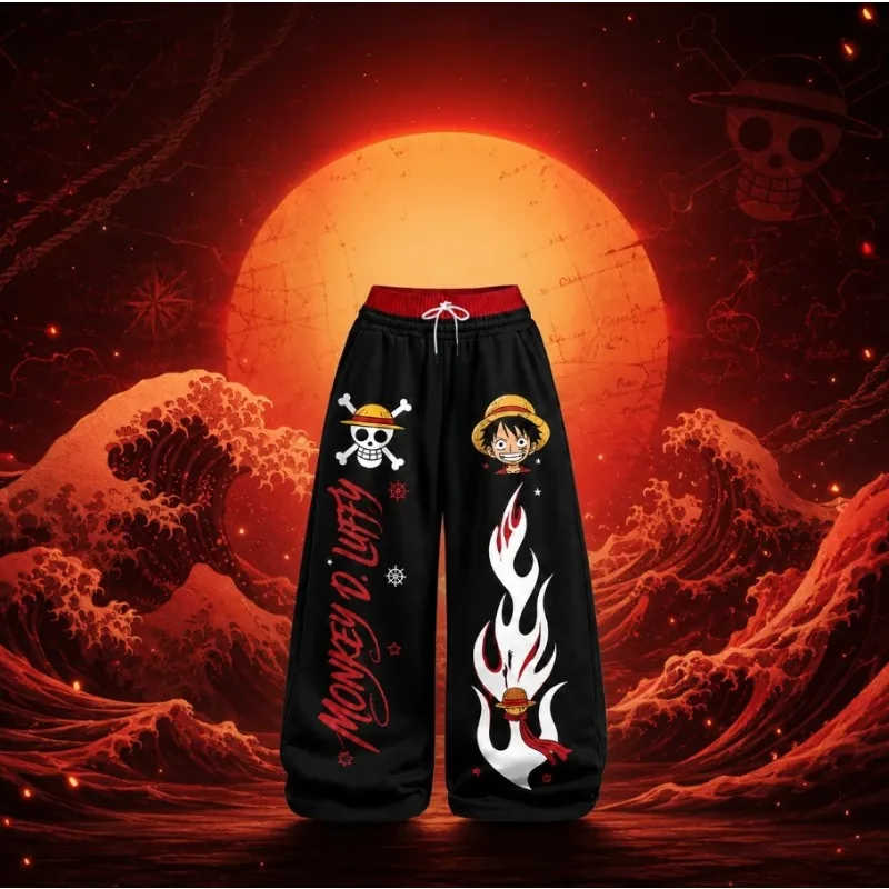 One Piece King Lufei Anime Wide Leg Pants Straw Hat Skull Print Anime Relaxed Straight Sweatpants