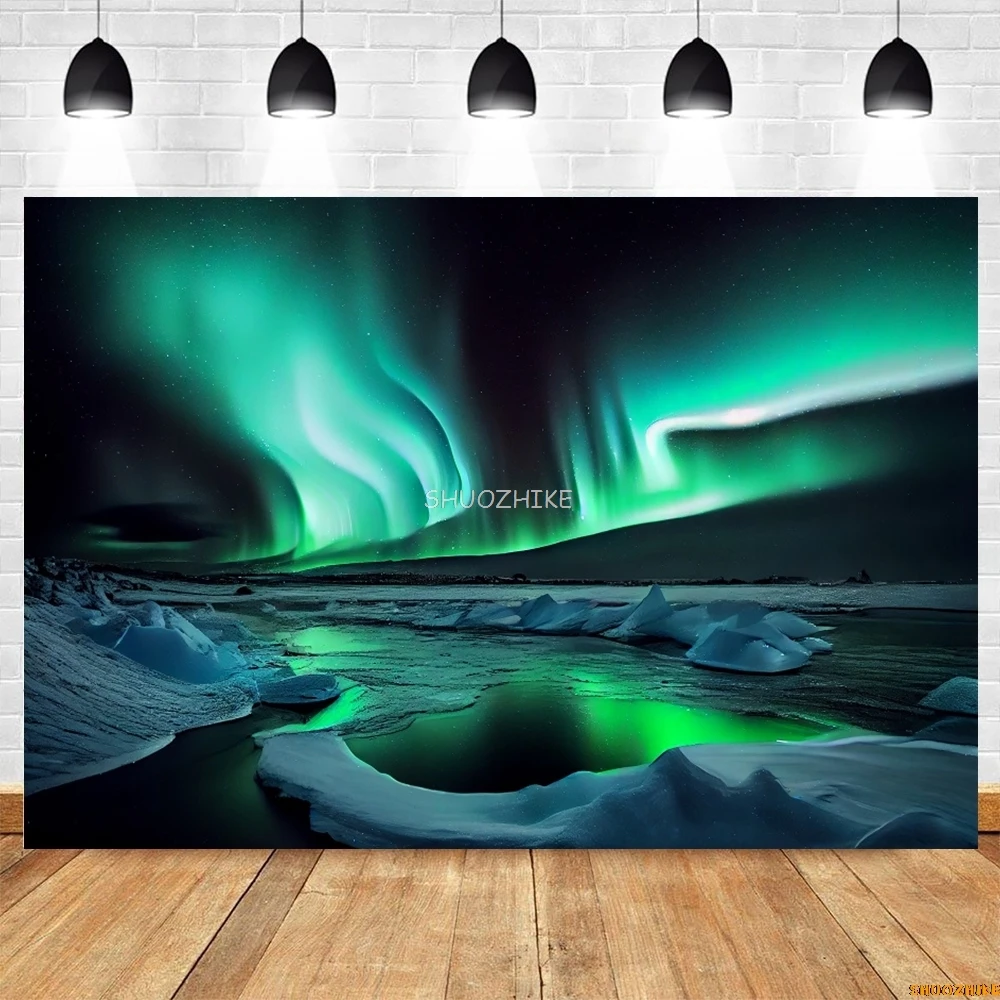 Inverno Aurora Notte Scena naturale Sfondo Arctico Neve con cappuccio Montagne Lago Cielo stellato Paesaggio Sfondo Puntelli per fotografia