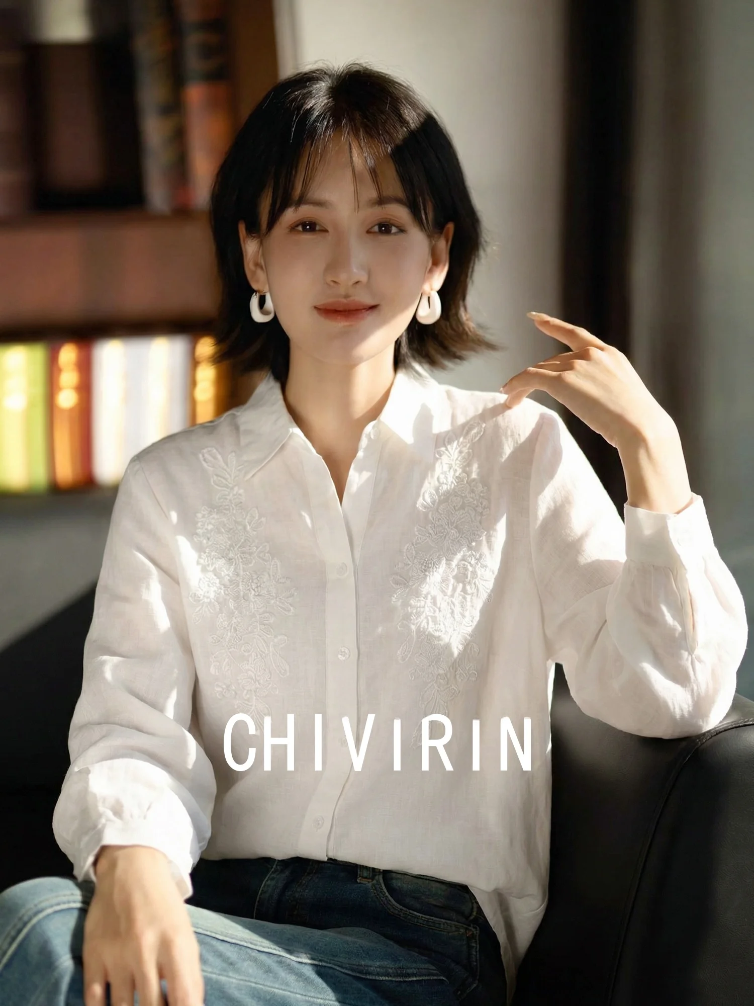 

Spring 2026 Women's Linen Long Sve irts Collared Loose Glitter Embroidered Top Faionable Chinese Sle Loose Fit Blouse