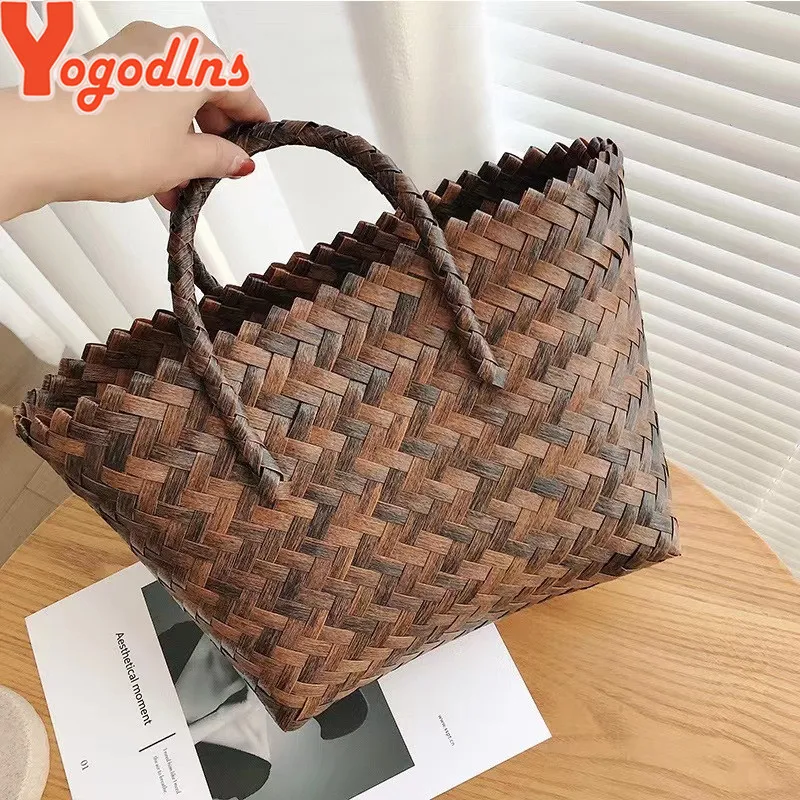 Summer Straw Basket Women Rattan Beach Bag Braided Handmade Handbag Vegetable Basket Tote Bag Vacation Handle Bag Purse