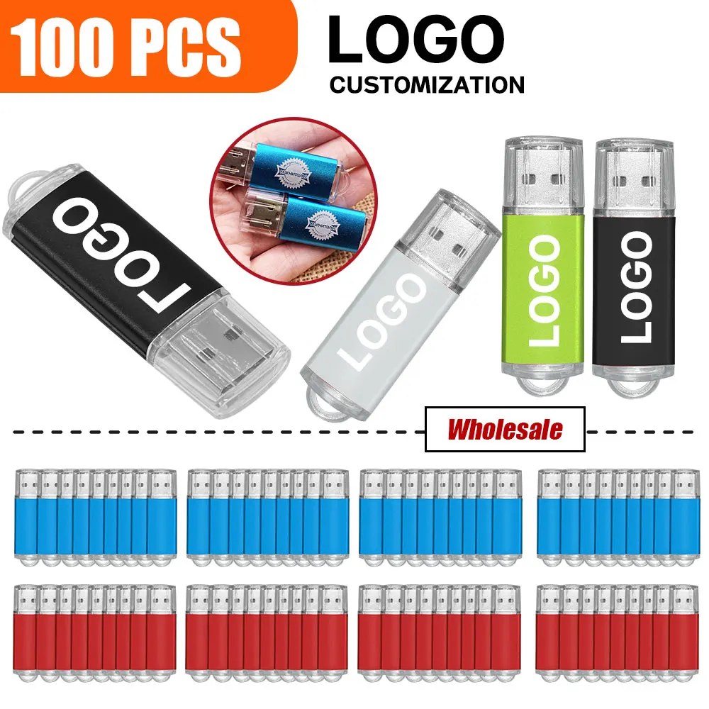 USB 100pcs Flash Drives 64GB 32GB TYPE-C Metal 16GB USB 2.0 8GB Black 4GB Memory Stick Pendrive Free Custom Logo Business Gift