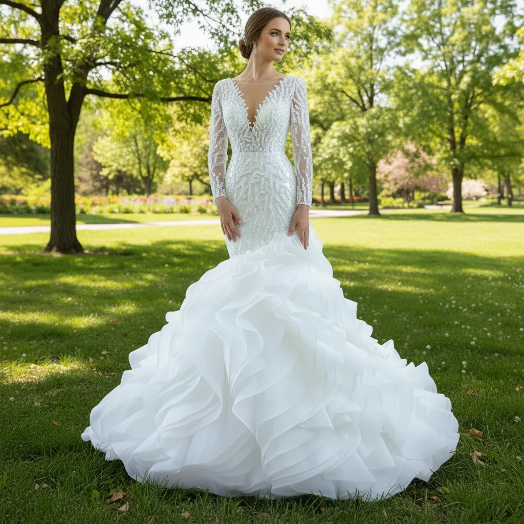 

Rosymae Mermaid Wedding Dress with Ruffle Long Sleeves Elegant Bridal Gown vestidos de boda para fiestas