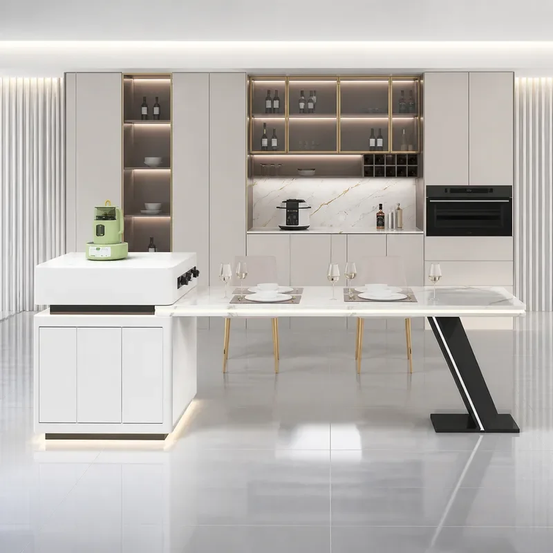 2024 New Rock Slab Island Dining Table with Integrated Retractable Metal V Shaped Legs Tea Bar Operation Table