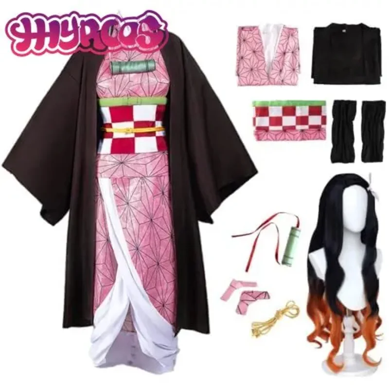 Anime Cosplay Kamado Nezuko Cospaly Costumes Kamado Cosplay Wigs Outfit Kimono with Hairwear Bamboo Halloween Costumes for Wo！1e